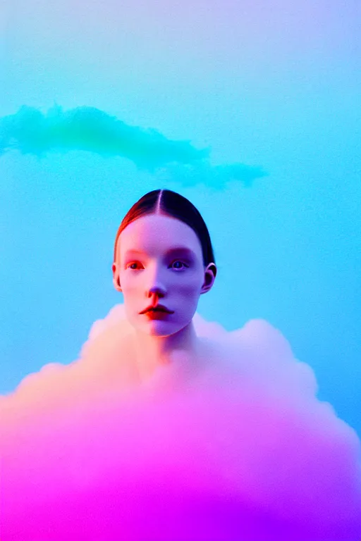 Image similar to high quality pastel coloured film close up wide angle photograph of a model wearing clothing swimming on cloud furniture in a icelandic black rock!! environment in a partially haze filled dreamstate world. three point light, rainbow. photographic production. art directed. pastel colours. volumetric clouds. pastel gradient overlay. waves glitch artefacts. extreme facial clarity. 8 k. filmic.