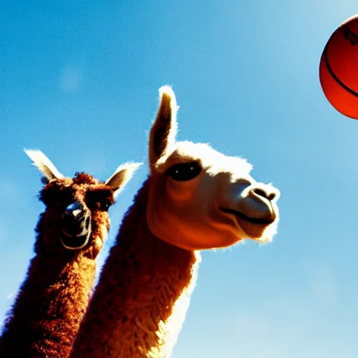 Prompt: film still of a llama in a jersey dunking a basketball, low angle, show from below, tilted frame, 3 5 °, dutch angle, extreme long shot, high detail, indoors, dramatic backlighting.