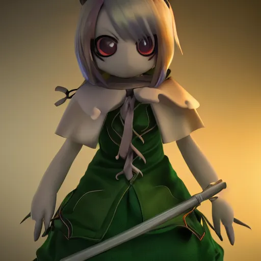 Prompt: cute fumo plush of a girl who is a master assassin specialized in deadly poisons, rendered with green haze and fog, glowing studio light, outline glow, volumetric rendering vray