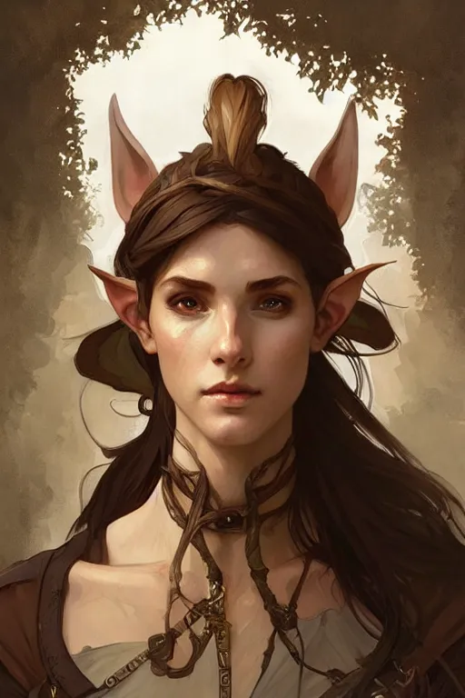 Prompt: portrait of a beautiful fit elf ranger, with fluent cloths, leather armor, by greg rutkowski and alphonse mucha, d & d character, gradient brown to white, autumn background, highly detailed portrait, digital painting, artstation, concept art, smooth, sharp focus illustration, artstation hq