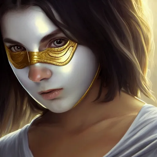 Prompt: 1 5 year old white girl with a white shirt that has one shoulder visible, wears black sports shorts and a golden mask on her face, intricate, highly detailed, digital painting, artstation, concept art, smooth, sharp focus, illustration, unreal engine 5, 8 k, art by artgerm and greg rutkowski and alphonse mucha