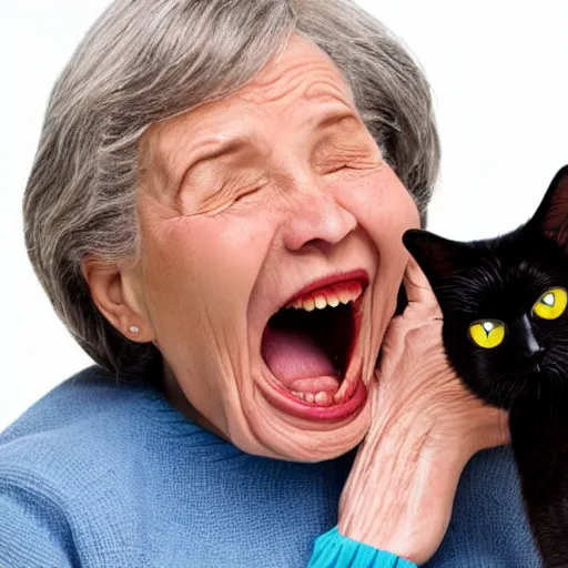 Prompt: an old woman opening her mouth wide and a cat jumping into it