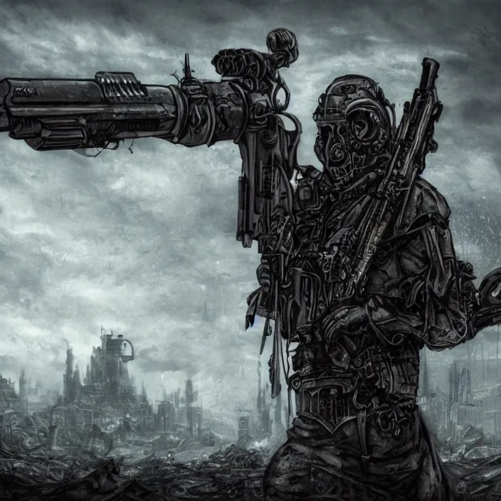 Image similar to gritty hooded apocalyptic cyborg shouldering laser - rifle, destroyed machinery, hyper - detailed, sharp focus, 4 k ultra hd, fantasy dark art, apocalyptic art