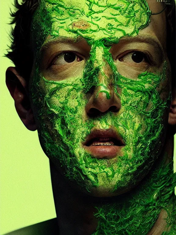 Image similar to portrait of a mark zuckerberg, skin peeling away to reveal bright green! reptile! skin!, forked tongue, art by ryo shiotani and greg rutkowski, intricate, beautiful, cinematic lighting, vintage art by serge ivanoff, high resolution, very detailed