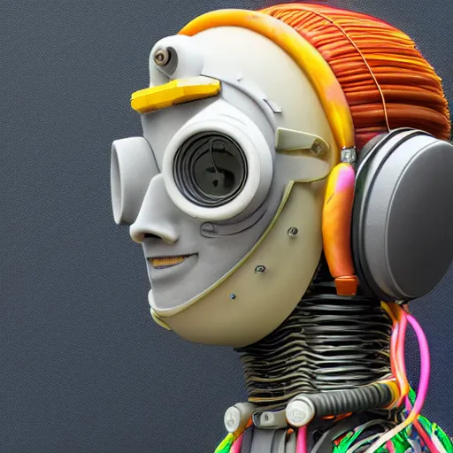 Image similar to a claymodel of a dieselpunk rococo spaced out robot head wearing multicolored wires and headphone, 8 k, front view, symetrical, flourescent colors, halluzinogenic, multicolored, exaggerated detailed, front shot, 3 d render, octane