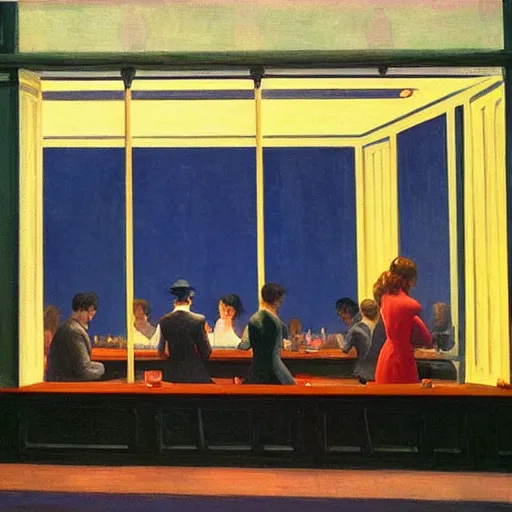 Prompt: painting, view from inside edward hopper's painting nighthawks, of people in art museum looking at the painting, by magrirre, by neo rauch