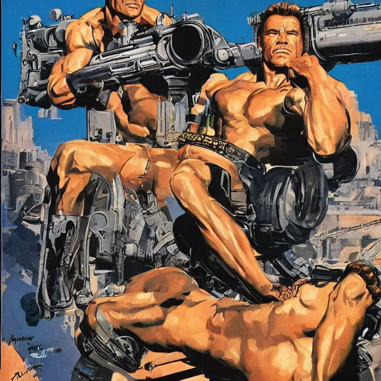 Image similar to scifi portrait of Arnold Schwarzenegger by Robert McGinnis, pulp comic style, circa 1958, photorealism