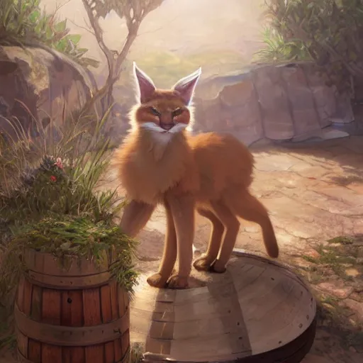 Image similar to a digital art of cute fluffy caracal near a wooden barrel lying at the side, at after noon, ancient greek city, sunny day, by krenz cushart and mucha and akihito yoshida and greg rutkowski and makoto shinkai, long shot, back lighting, detailed eyes, 4 k resolution, trending on art station