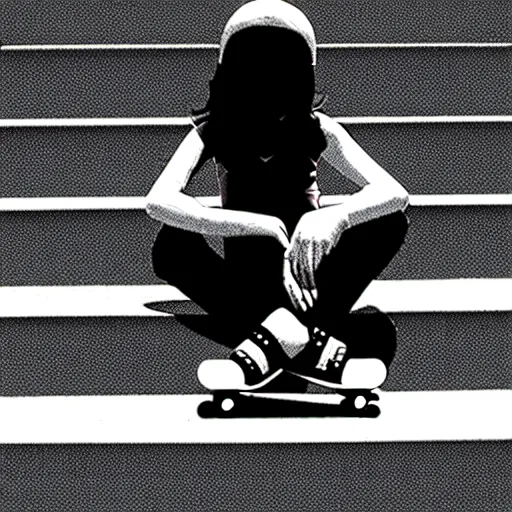 Image similar to skater girl sitting on steps by scott pilgrim, by bryan lee o'malley