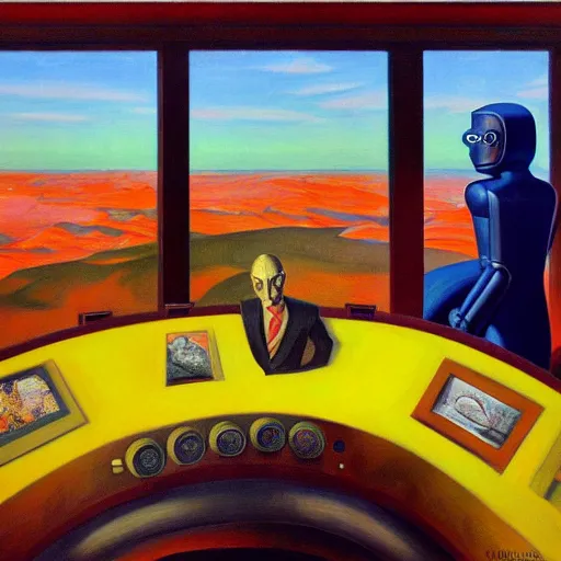 Image similar to robot overlords, observation deck, spaceship interior, view of earth, pj crook, edward hopper, oil on canvas