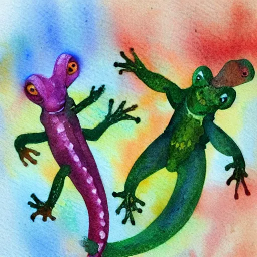 Prompt: a simple watercolour painting of two geckos dancing tango