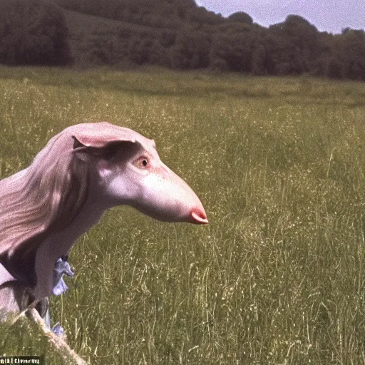 Image similar to beautiful woman with a long snout, wearing eyeballs on her head, in the countryside 1974 arthouse film, archival footage, technicolor film expired film