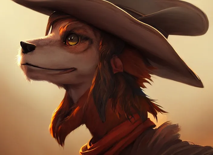 Image similar to character portrait feature of the anthro male anthropomorphic fursona wearing cowboy outfit wild west desperado character design stylized by charlie bowater, ross tran, artgerm, makoto shinkai, detailed, soft lighting, rendered in octane