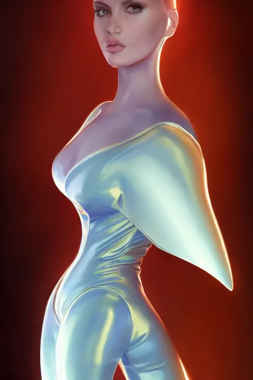 Prompt: detailed portrait of a seducing cyber noun, attractive feminine curves, scifi, futuristic, elegant cape, year 2 1 0 0, elegant, alien room background, white, blue, pink, gold, photorealism, trending on artstation, so - s 1 4 8 ft light, holy machine, advanced technology, art by vitaly bulgarov and chanthara