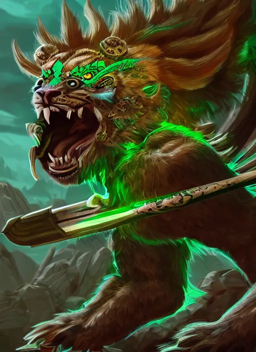 Image similar to a highly detailed illustration of fierce young aztec jaguar warrior boy wearing green jaguar mane, heroic roaring wielding aztec macuahuitl pose, muscular, intricate, elegant, highly detailed, centered, digital painting, artstation, concept art, smooth, sharp focus, league of legends concept art, wlop