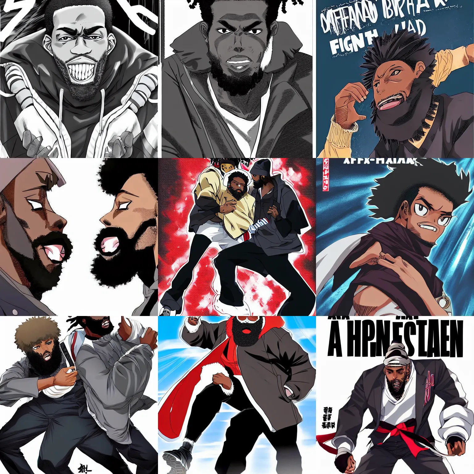 Prompt: a manga cover of a handsome african-american male athlete with a big full beard and a gray head scarf, wearing a black down puffer coat, in a high energy fight scene with speed lines