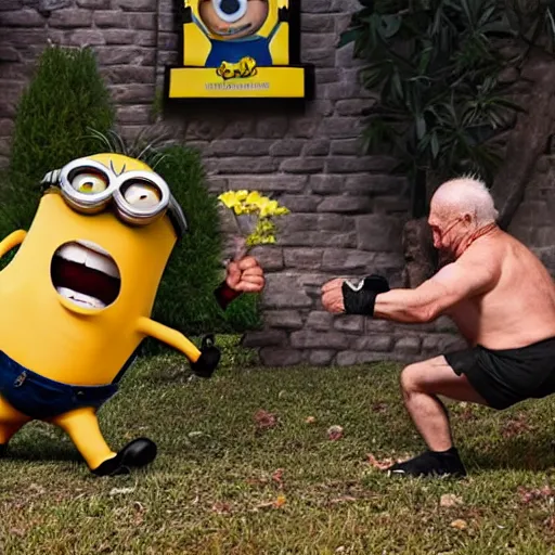 Image similar to a minion fighting an old man, backyard wrestling, intricate complexity, extremely detailed, very sharp,