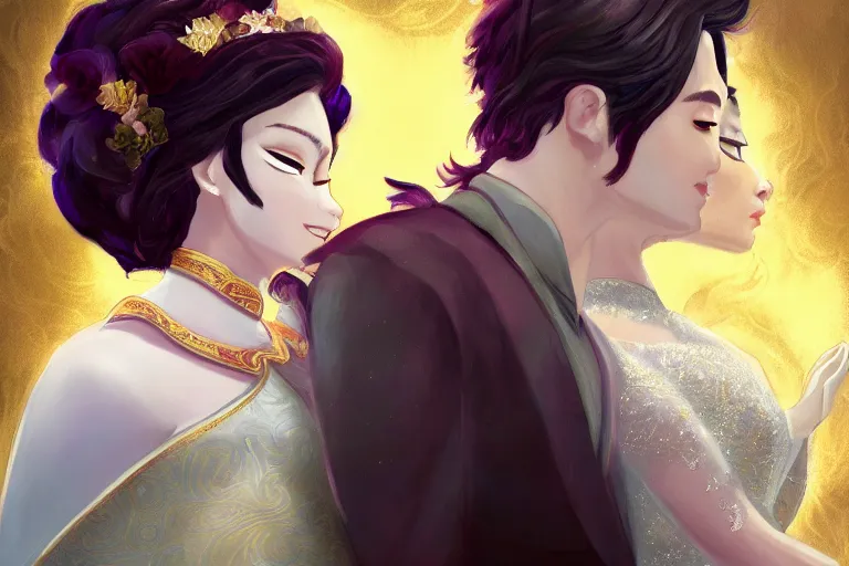 Image similar to a cinematic portrait of wedding photograph jpeg close up moment of a divine a japan sun god and moon goddess lovers magician at a wedding banquet. portraiture. digital painting. artstation. concept art. wedding photo. illustration. frozen ii art masterpiece by art by krenz cushart