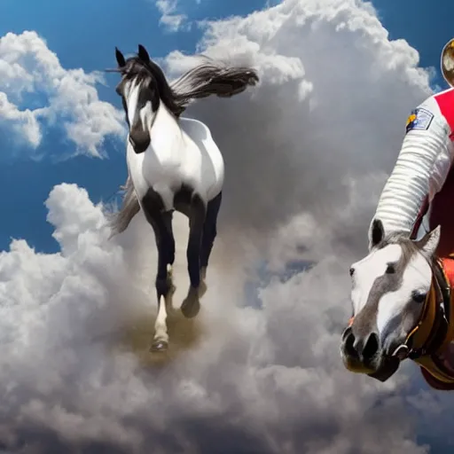 Prompt: the horse is saddled with an astronaut and rides it into space