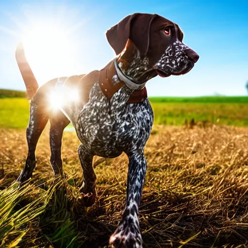 Prompt: german short haired pointer running through an open grass field, with the sun shining in the blue sky. 8 k. 4 k. realistic. photo.