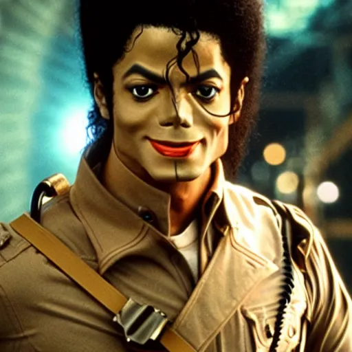 Image similar to stunning awe inspiring michael jackson with a highly detailed face as a ghostbuster in the movie ghostbusters, movie still 8 k hdr atmospheric lighting