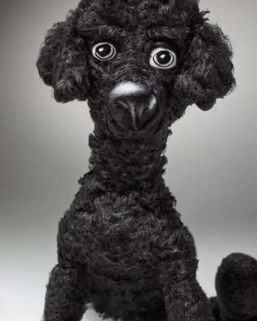 Image similar to a black poodle dog as a muppet. highly detailed felt. hyper real photo. 4 k.