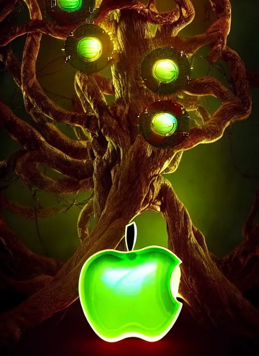 Image similar to intricate mechanical translucent apple with visible gears inside, growing off a tree, on the background of a weird magical mechanical forest. Very detailed 8k. Fantasy cyberpunk horror. Sharp. Cinematic post-processing