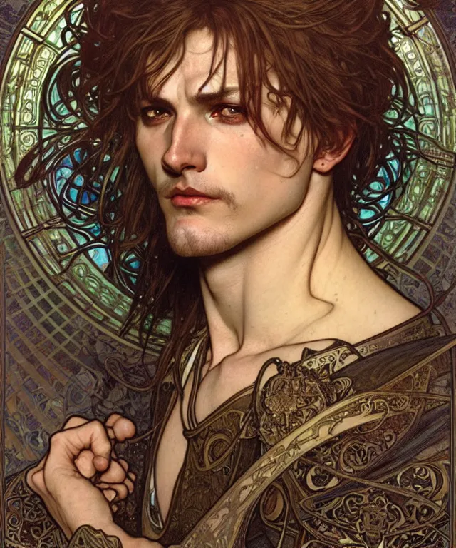 Prompt: realistic detailed face portrait of a handsome male wizard in ornate leather armor by alphonse mucha, ayami kojima, amano, greg hildebrandt, and mark brooks, male, masculine, art nouveau, neo - gothic, gothic, character concept design