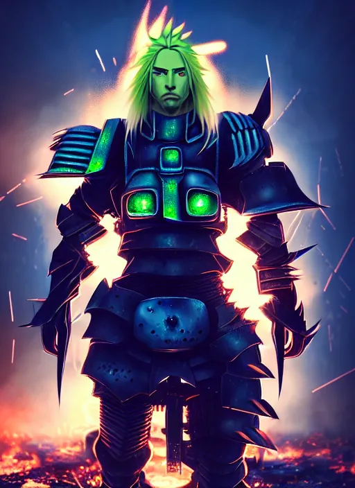 Image similar to a striking cinematic full body manga portrait of a male warrior with long blonde hair and blue eyes wearing evil green spiked cyberpunk armour and standing in the desolate burning ruins of a futuristic city by hirohiko araki and beeple, fine details, digital art, character concept art, volumetric lighting, cinematic light, photorealistic