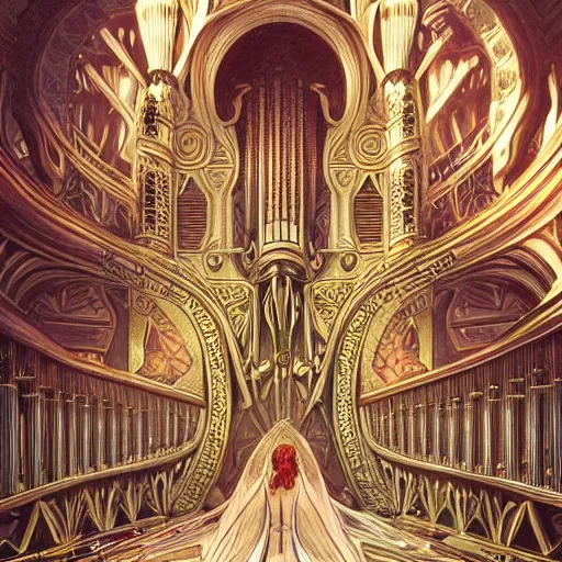 Prompt: pipe organ watching the world underneath, d & d, fantasy, intricate, elegant, highly detailed, digital painting, artstation, concept art, smooth, sharp focus, illustration, art by artgerm and dragolisco and alphonse mucha and dragolisco