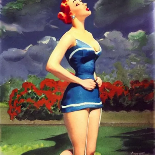 Image similar to full body pin up post war dressing a military unioform,with a park in the back ground, water color, Gil Elvgren style