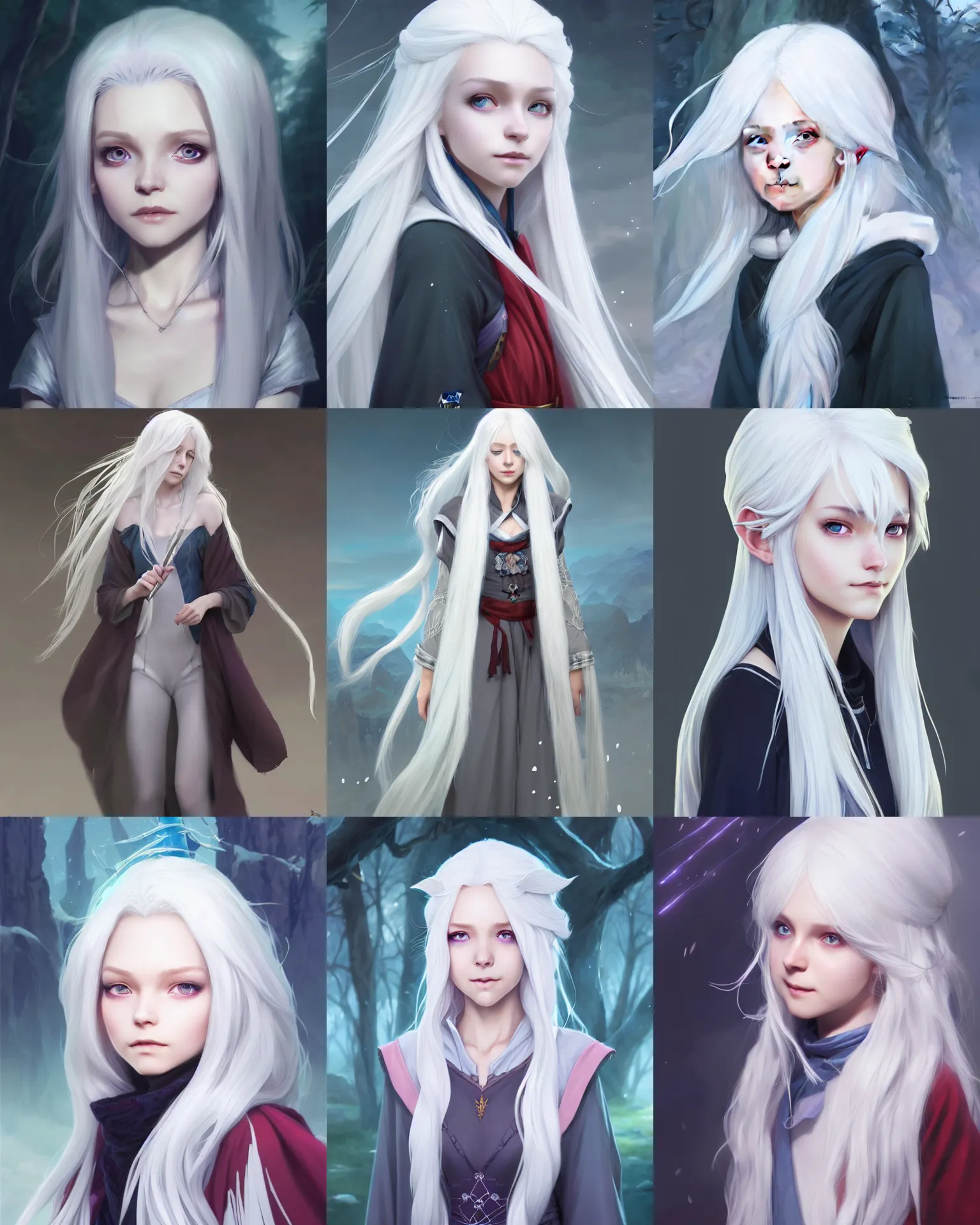 Prompt: character concept art of a gorgeous white haired cute female wizard going to wizard school | | distinct - fine, key visual, realistic shaded perfect face, fine details by stanley artgerm lau, wlop, rossdraws, james jean, andrei riabovitchev, marc simonetti, sakimichan, and jakub rebelka, trending on artstation