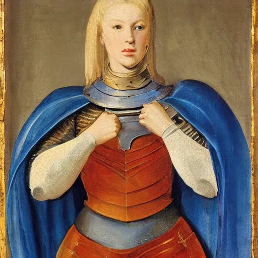 Prompt: blonde female knight in armor with a blue cape, painting portrait
