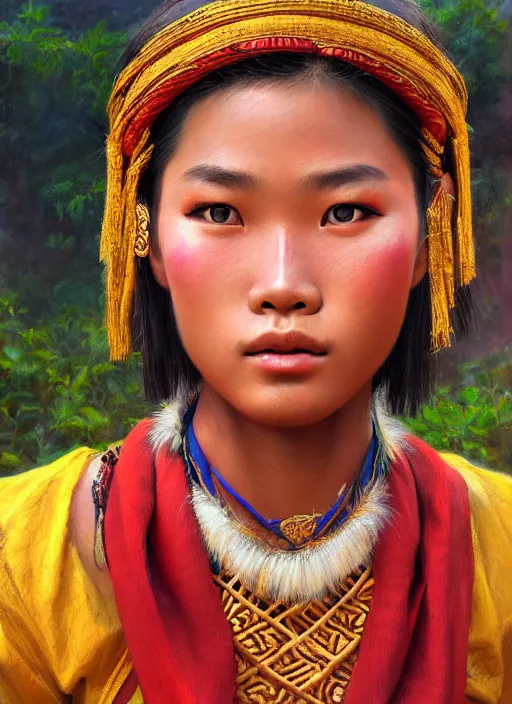 Prompt: portrait of a beautiful teen tai ethnic north thailand, closeup portrait, historical, ethnic group, traditional costume, elegant, loin cloth, highly detailed, oil painting, artstation, concept art, matte, sharp focus, illustration, hearthstone, art by earl norem