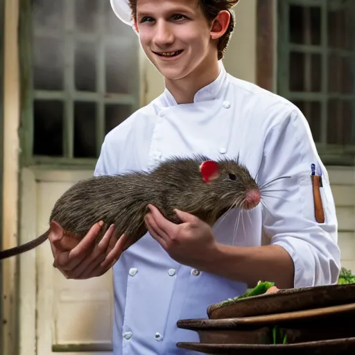 Image similar to variety - first picture of live action ratatouille shows tom holland with a real live rat on his chef's hat ( eos 5 ds r, iso 1 0 0, f / 8, 1 / 1 2 5, 8 4 mm, postprocessed, bokeh )