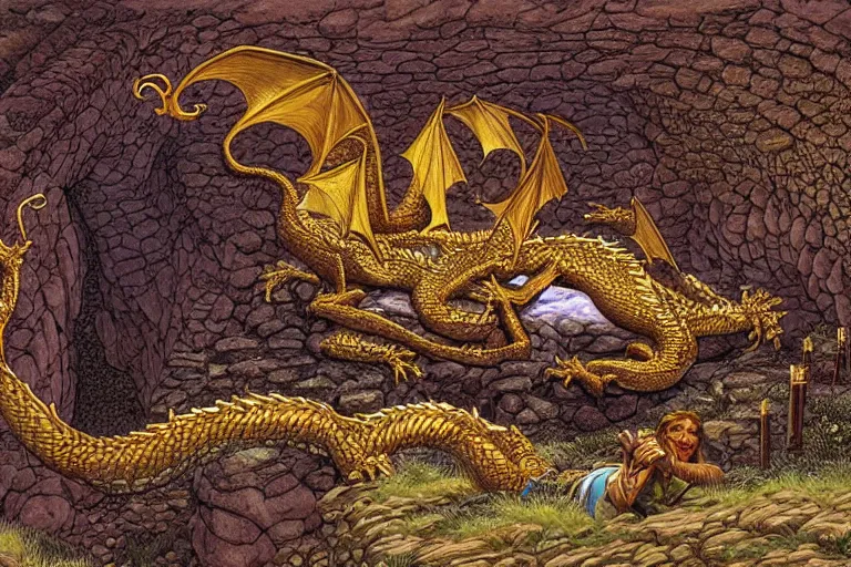 Prompt: dragon sleeping on gold and gems in a big cavern, by Larry Elmore, masterpiece, stunning