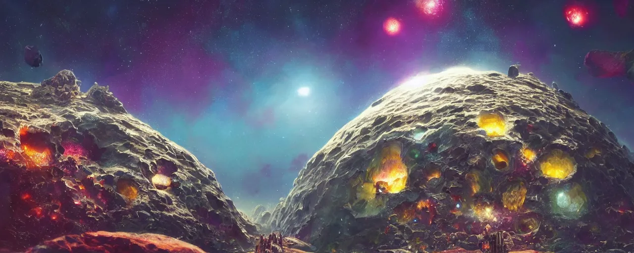 Image similar to ” asteroid made of shiny diamonds and crystals, [ shards, facets, by paul lehr, cinematic, detailed, epic, widescreen, opening, establishing, mattepainting, photorealistic, realistic textures, octane render ] ”