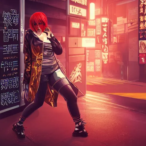Image similar to a full body illustration of an Japanese female cyberpunk character with red hair, cyberpunk 2077 concept art, wearing oversized gold techwear jacket revealing tank top underneath, torn punk leather pants, highly detailed, soft lighting, by Stanley Artgerm Lau, WLOP, Rossdraws, James Jean, Andrei Riabovitchev, Marc Simonetti, and Sakimichan, HD, 4K