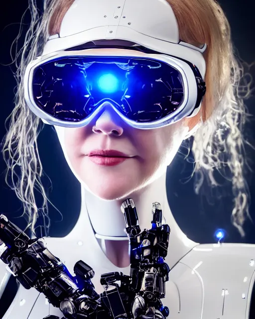 Image similar to centered portrait of soulful young nicole kidman as a solarpunk mecha humanoid robotic parts wearing crystal goggles with bright led lights, real human face, pudica gesture bouguereau style, in white room, ultra - realistic and intricate, soft portrait shot 8 k