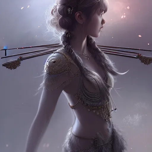 Image similar to beautiful extremely detailed intricate concept art depicting an archer by wlop. shining jewelry. grey atmosphere. particles in the background. bcy. net