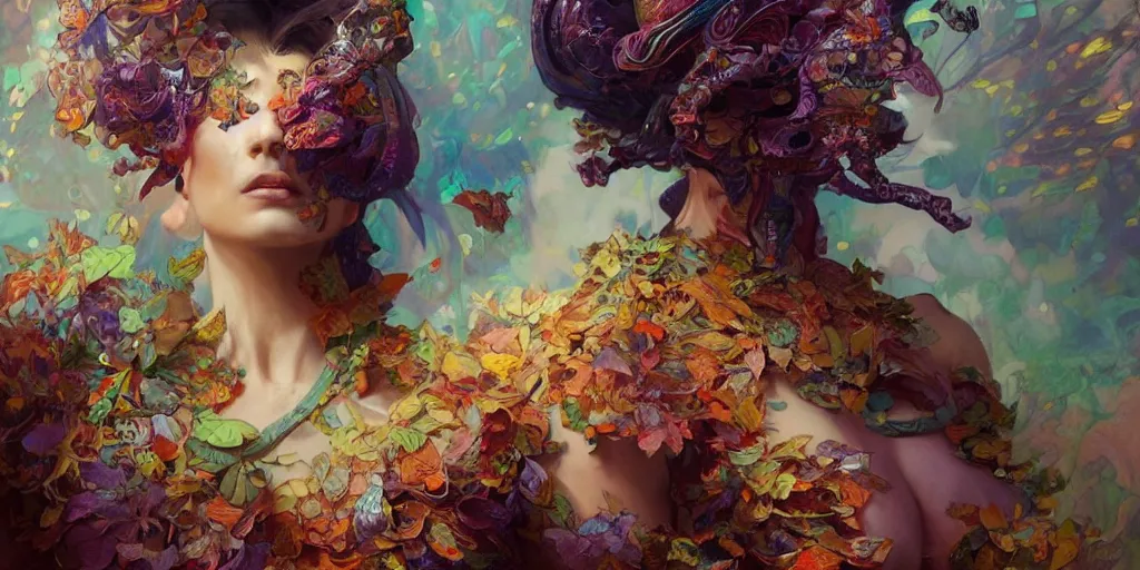 Prompt: a beautiful woman in intricate detailed color oilpaint, 3 d render, hyper realistic detailed portrait, big flocking color leaves, ornate leaves, elegant, intense colors, ruan jia, wlop. scifi, fantasy, hyper detailed, octane render, concept art, by peter mohrbacher, by alphonse mucha, by wlop, by ruan