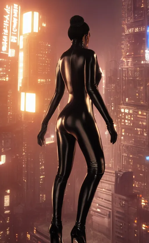 Prompt: a beautiful Black woman wearing a leather catsuit, standing with her back to us, in a futuristic blade runner city, unreal engine, art by Artgerm and greg rutkowski and alphonse mucha, 8K