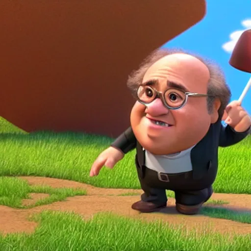 Prompt: a screenshot of Danny Devito as a 3D render animated Disney pixar animation character in Up (2009)