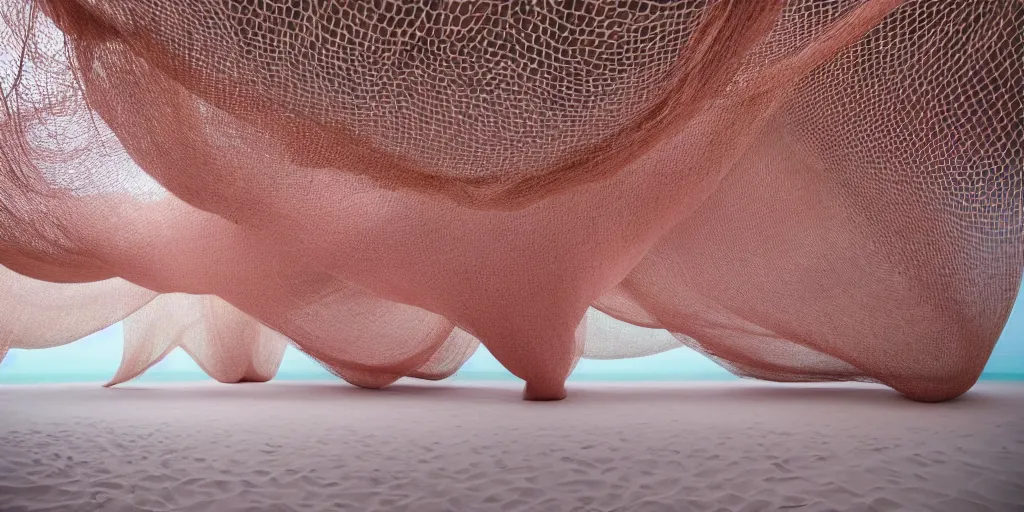 Image similar to soft biomorphic structures out of stocking - like material and nets that fills with various objects like spices, sand and shells by ernesto neto, dusty pink with light - mint color, film still from the movie directed by denis villeneuve with art direction by zdzisław beksinski, telephoto lens, shallow depth of field