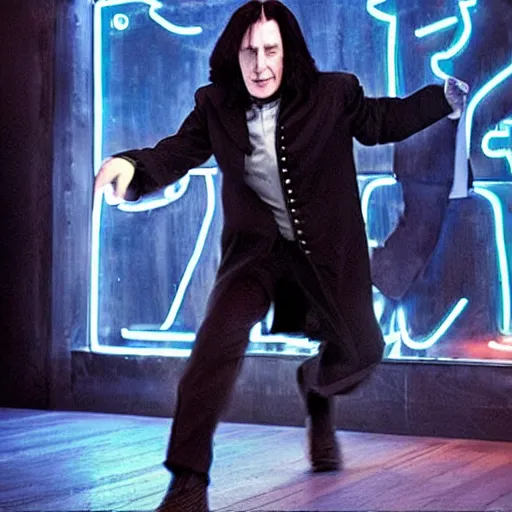 Prompt: Severus Snape dances in a bar, neon, realistic, full body, very detailed, super realistic, dramatic movement