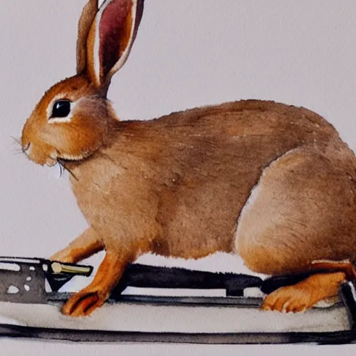 Image similar to a rabbit using a rowing machine, realistic watercolour