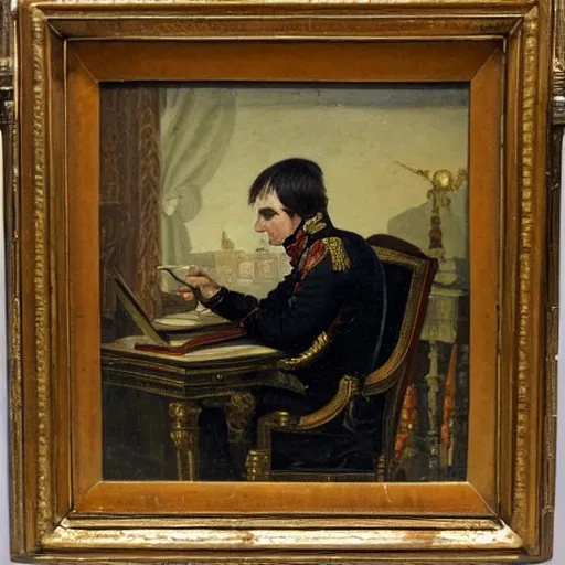 Prompt: 1 8 0 0 s oil painting of napoleon sitting in a contemporary office desk, 8 k, very intricate, very detailed,