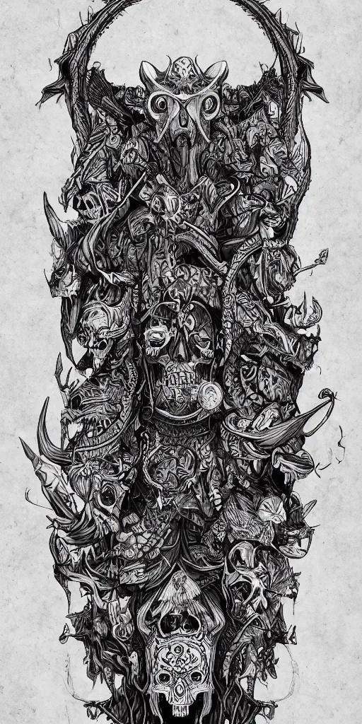 Image similar to A totem with a skull and an wolf, lovecraft, ink on paper, coherent, symmetrical, intricate, high detail, digital painting, octane render, 4k, trending on artstation