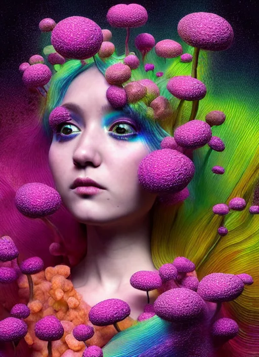 Image similar to hyper detailed 3d render like a Oil painting - kawaii Aurora (Singer) seen Eating of the Strangling network of colorful yellowcake and aerochrome and milky Fruit and Her delicate Hands hold of gossamer polyp blossoms bring iridescent fungal flowers whose spores black the foolish stars by Jacek Yerka, Mariusz Lewandowski, Houdini algorithmic generative render, Abstract brush strokes, Masterpiece, Edward Hopper and James Gilleard, Zdzislaw Beksinski, Mark Ryden, Wolfgang Lettl, hints of Yayoi Kasuma, octane render, 8k