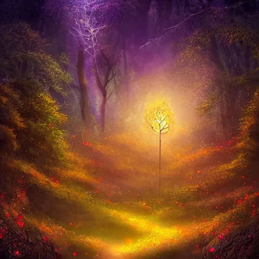 Image similar to an enchanted forest full of fireflies, night, warm light, fantasy art